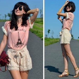 H&M high waisted paper bag belt tie scallop lace shorts